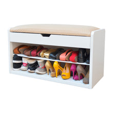 Cargar imagen en el visor de la galería, Banco Baúl Zapatero Capri. Multifuncional. Tres en uno, banco, baúl y entrepaños a modo de zapatero. Cubierta tapizada y acolchada. Estructura de madera y MDF. 
