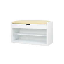 Cargar imagen en el visor de la galería, Banco Baúl Zapatero Capri. Multifuncional. Tres en uno, banco, baúl y entrepaños a modo de zapatero. Cubierta tapizada y acolchada. Estructura de madera y MDF. 
